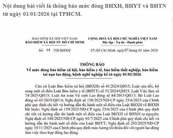 THÔNG BÁO SỐ: 64/TB-BHXH  "VỀ MỨC ĐÓNG BẢO HIỂM XÃ HỘI, BẢO HIỂM Y TẾ, BẢO HIỂM THẤT NGHIỆP, BẢO HIỂM TAI NẠN LAO ĐỘNG, BỆNH NGHỀ NGHIỆP KỂ TỪ NGÀY 01/01/2026"